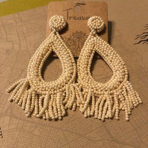 Cream beaded circle drop earrings w/tassles